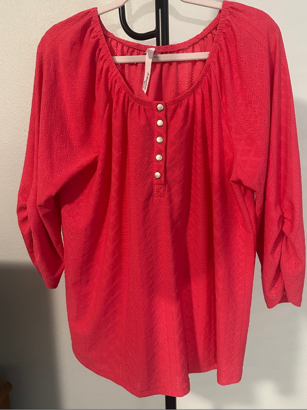 NY Collection Eyelet Henley Peasant Top